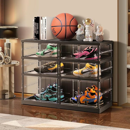 3 Tiers 6-12 Pairs Foldable Shoe Rack for Closet Plastic Stackable Shoe Boxes for Garage Collapsible Shoes Shelf with Doors Storage Organizer Cabinet Quick Assembly,Black