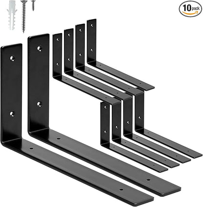 HEART ART 10 Pack Shelf Brackets 12 inch,L Brackets for Shelves,Black Heavy Duty Metal Shelf Brackets,12”x6”x1.4”