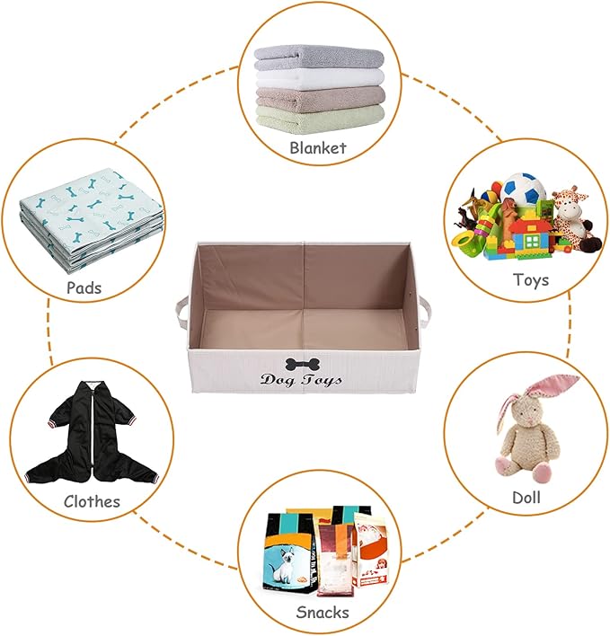 Geyecete Large dog toy bin dog toy box storage box - Foldable Fabric Trapezoid Organizer Boxes with Handle, Collapsible Basket for Dog Toys (Beige-DOG)