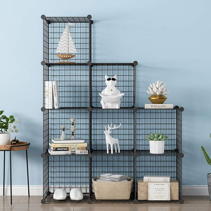 KOUSI 14"x14" Wire Cube Storage, Metal Grid Organizer, 9-Cube Modular Shelving Unit, Stackable Bookcase, Ideal for Living Room, Bedroom, Office, Garage