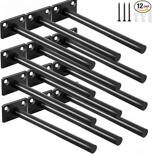 12 Pcs 6" Black Solid Steel Floating Shelf Bracket Blind Shelf Supports - Hidden Brackets for Floating Wood Shelves - Concealed Blind Shelf Support – Screws and Wall Plugs Included