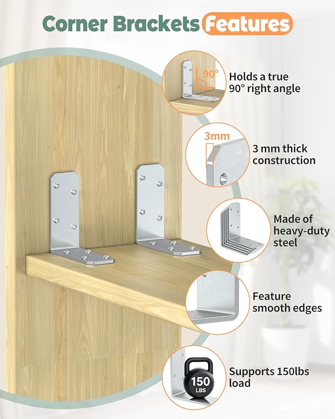 3"x3" L Brackets, 90 Degree Angle Iron, Heavy Duty Steel Corner Brace for Wood Shelves, Post, Floating Shelves, Desk (Galvanized-4 Pcs)