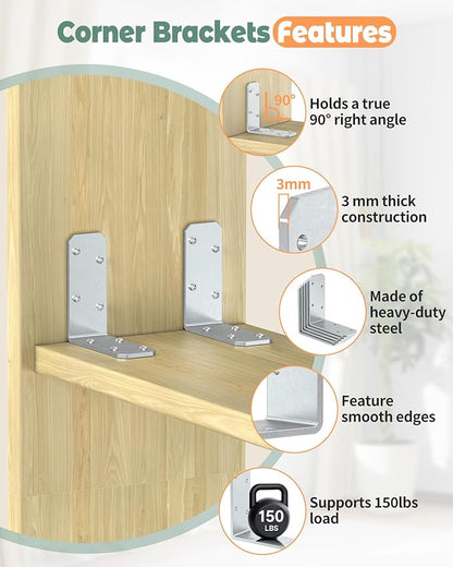 3"x3" L Brackets, 90 Degree Angle Iron, Heavy Duty Steel Corner Brace for Wood Shelves, Post, Floating Shelves, Desk (Galvanized-4 Pcs)