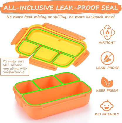 QQKO Bento Box for Kids Adults, School Toddler Lunch Box for Boys Girls, Lunch Box Containers with 4 Compartments, Sauce Container, Utensils, Food Picks and Muffin Cups for School, Orange Yellow