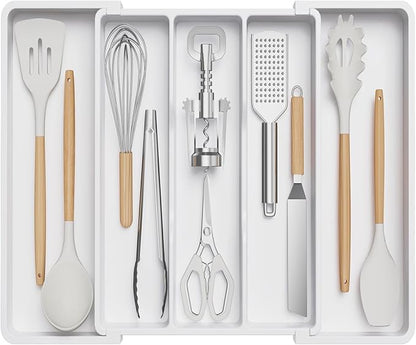 Lifewit Utensil Organizer for Kitchen Drawers, Expandable Cooking Utensil Tray, Adjustable Cutlery Silverware Flatware Holder, Plastic Spatula Tools Storage Divider, 13-22 x 15", White
