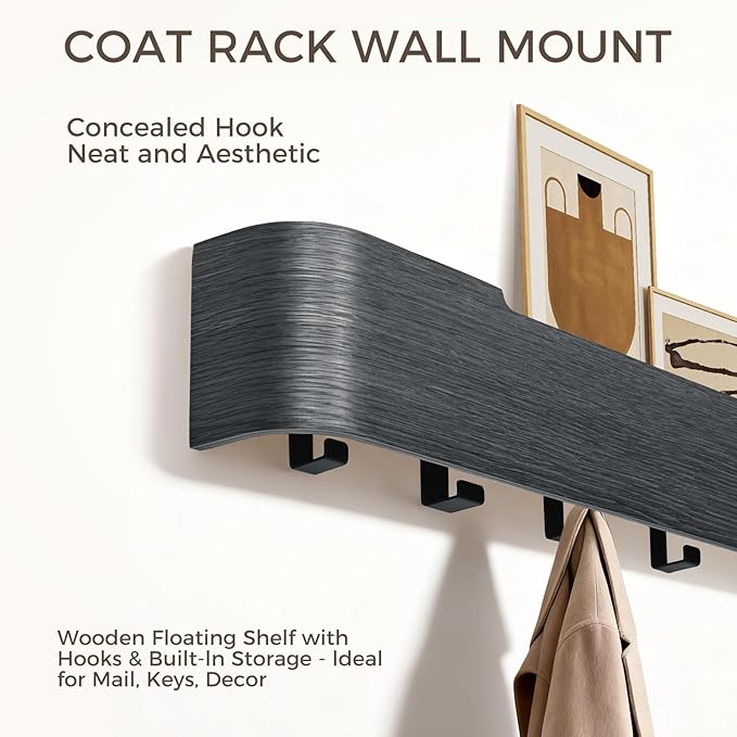 Wall Coat Rack Floating Shelves Modern Coat Rack Wall Mount with Storage Entryway Shelf Wooden Hanger 20 Inch 4 Hidden Metal Hooks for Living Room Bedroom (Black, 5 Hooks)