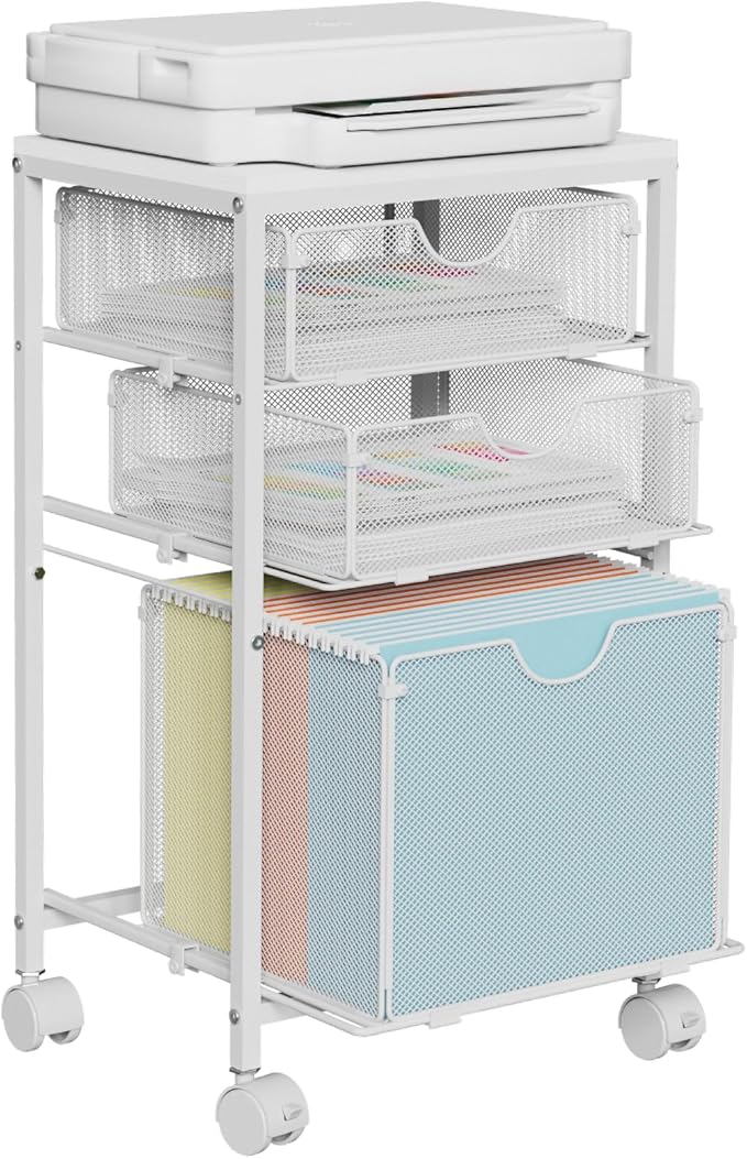 Rolling File Cart with 3 Storage Drawers, Wood & Mesh Hanging File Folder Organizer with Wheels Under Desk, File Cabinets for Home Office, 11.81" D x 14.8" W x 25.39" H, White
