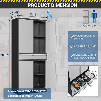 71" Metal Cabinet-Black&Gray Heavy Duty Storage File Cabinet Steel Tool Cabinets with Shelves, Lockable Doors and Drawers- for Garage, Pantry, Warehouse - Assembly Required