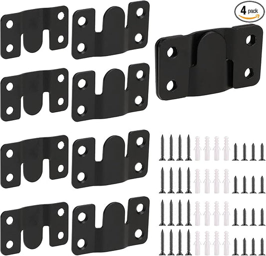 4 Pairs Interlocking Flush Mount Bracket Picture Hanging Hooks Black Stainless Steel Heavy Duty Photo Frame Hook Large Picture Hanger Buckle Furniture Connector Headboard Wall Mounting Hardware