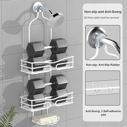Over Head Shower Caddy - Bathroom Shower Organizer with Soap Holder & 6 Hooks for Towels, White, 76L Capacity, Hanging Mount, Rust Resistant