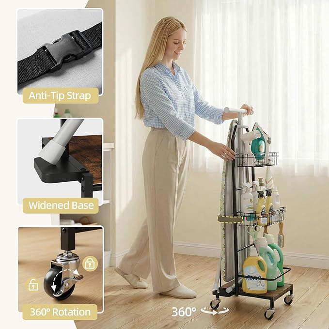 Ironing Board Holder Cart for Small & Narrow Laundry Rooms, Freestanding Iron & Ironing Board Storage Rack for T & X Boards with 3-Tier Shelves, Rolling Metal Wheels, Hooks, No Wall Mount