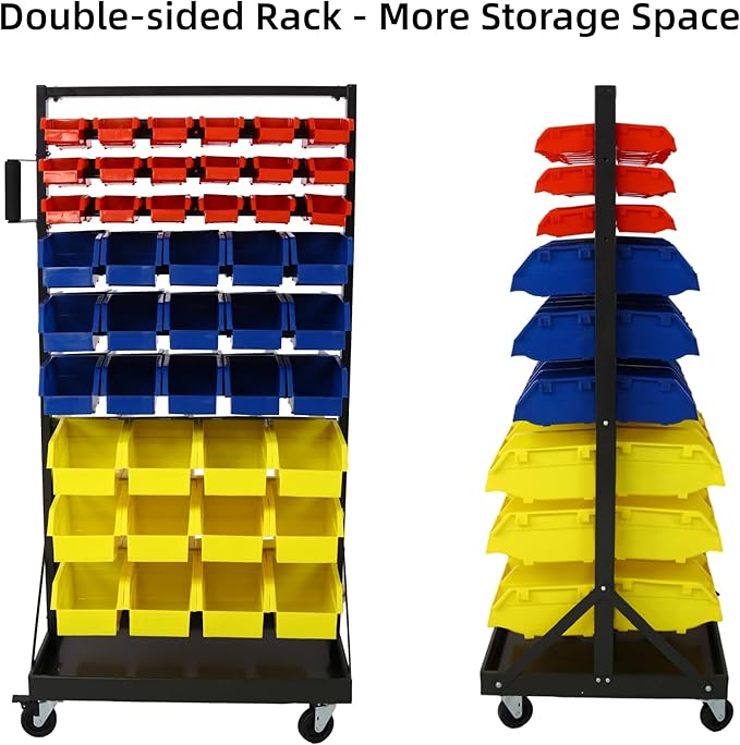 Montary 90 Parts Bin Shelving Storage Organizer with Locking Wheels, 9-Tier Dual-Sided Rolling Steel Shelf 450 lbs Capacity, for Shop Garage and Home