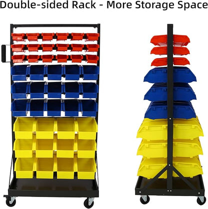 Montary 90 Parts Bin Shelving Storage Organizer with Locking Wheels, 9-Tier Dual-Sided Rolling Steel Shelf 450 lbs Capacity, for Shop Garage and Home