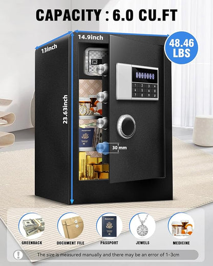 6.0 Cu Ft Large Fireproof Waterproof Safe Box for Office Document-HIDDEN LOCK BOX, Heavy Duty Steel Home Safety Box with Light, Dual Key System, Two Removable Shelf, Personal Combination Safe for Cash