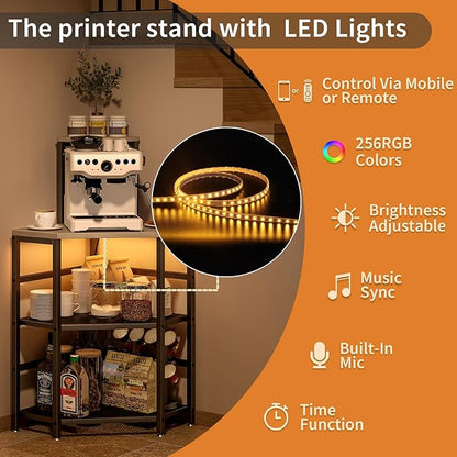 Gray Corner Printer Stand Table, with Power Outlet and USB Charging & LED Lights, for Home Printer Stands, Storage Shelf, Computer Tower/CPU Stand Holder for Home Office, Greige
