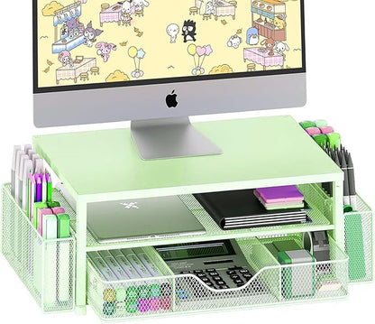 OPNICE Desk Organizers and Accessories, 2-Tier Computer Monitor Stand Riser with Drawer and 2 Pen Holders, Laptop Stand, Office Desk Accessories for Office Supplies, Green