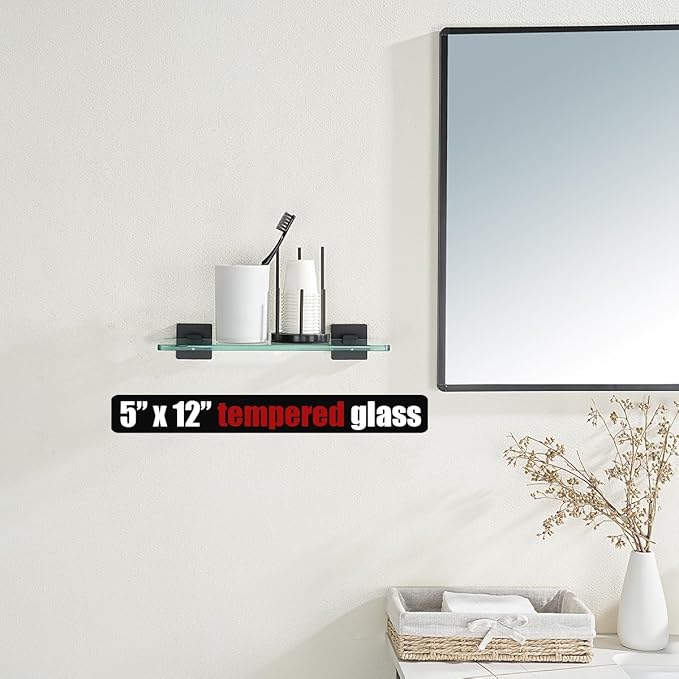 JQK Bathroom Glass Shelf Black, Tempered Glass Shower Storage 12 by 5 inches, 304 Stainless Steel Matte Black Wall Mount, TGS201L12-PB