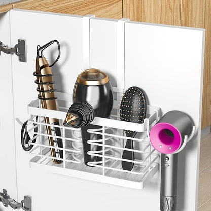 Hair Tool Organizer, 2026 Upgraded 3-in-1 Universal Hair Dryer Holder, Adjustable Height Metal Blow Dryer Holder Wall Mounted/Over Cabinet Door, Bathroom Organizer and Storage(White)