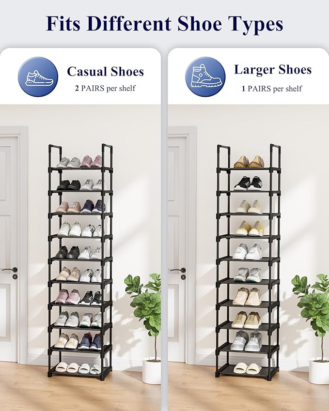 Kitsure Shoe Rack - 10-Tier Shoe Organizer with Detachable Fabric Shelves & Metal Frame, Tall Shoe Rack for Closet, Entrance, Living Room, 16.9" Wide - 10 Tier, Black