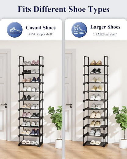 Kitsure Shoe Rack - 10-Tier Shoe Organizer with Detachable Fabric Shelves & Metal Frame, Tall Shoe Rack for Closet, Entrance, Living Room, 16.9" Wide - 10 Tier, Black