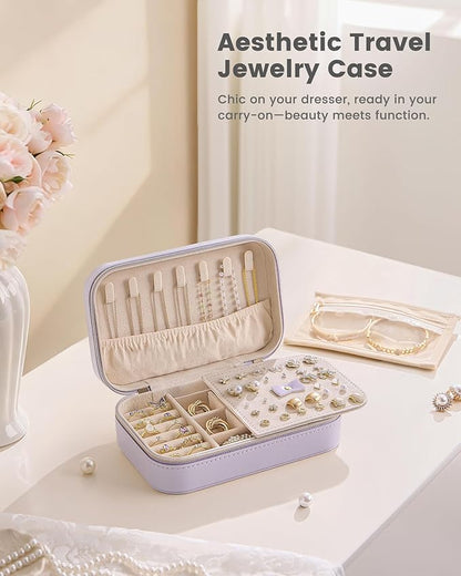 Lolalet Travel Jewelry Case for Women Girls, Travel Jewelry Organizer with Clear Storage Bag Small Portable Jewelry Box for Necklace Bracelet Earring Ring Birthday Bridesmaid Gifts -Medium/Purple