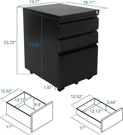 Mount-It! 3 Drawer File Cabinet with Lock and Wheels, Heavy-Duty Steel Rolling Drawer Cabinet, Fully Assembled Under Desk Filing Cabinet for Home Office Storage, 15.3" W x 19.75" D x 24.5" H, Black