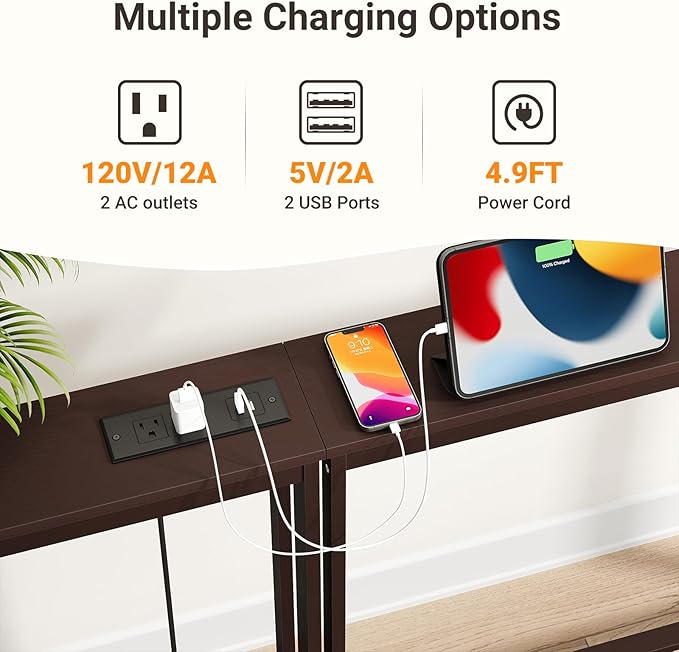ELYKEN 5.9" Narrow Console Sofa Table with Power Outlets, 5.9" Dx39.4 Wx31.1 H Bamboo Behind Couch Table with Charge Station, Brown