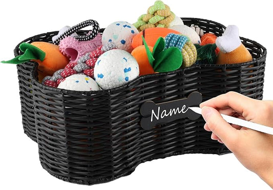 Pet Dog Toy Basket,Dog Bone Shape,Wicker Storage Bin for Dog Cat Toys with DIY Tag,Dog Toy Organizer Holder Boxes for Living Room,Handmade Poly Wicker Basket