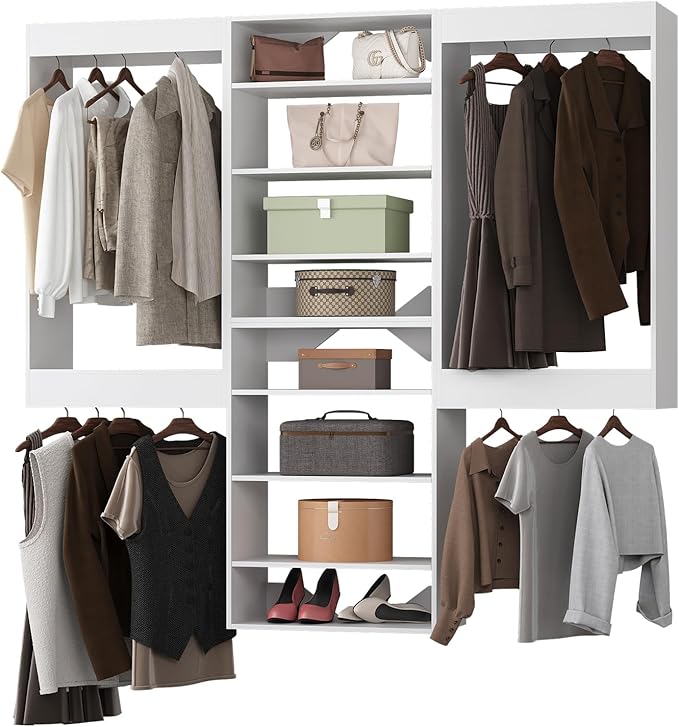 Modular Closet Organizer - 90" Wide, Wooden Tower Wardrobe System, Wall Mounted for Walk-in Closets, White