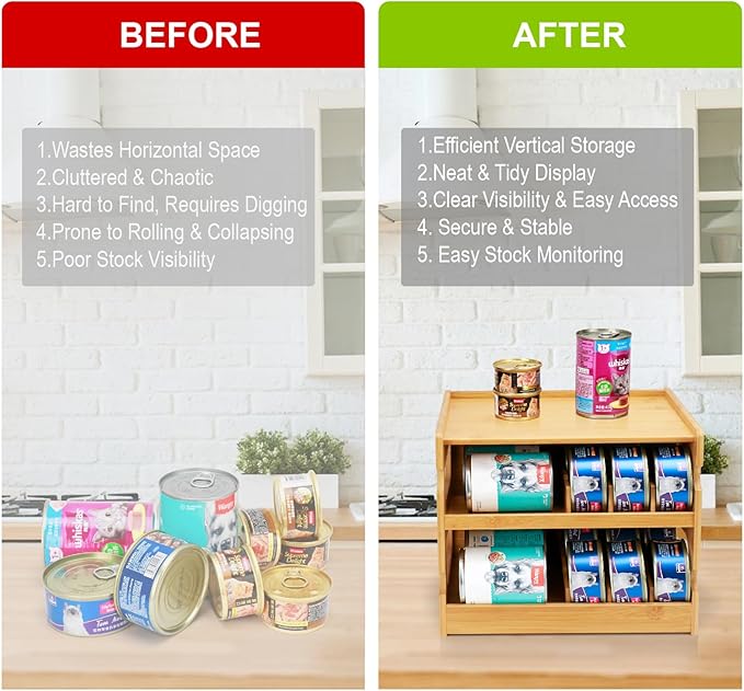 Bamboo Can Organizer for Pantry, 2 Tier Canned Cat Food Organizer for Kitchen Counter, Cat Food Storage Holds Up to 36 Cans, Can Rack Organizer for Human and Pet Food Cans, FlFO Design