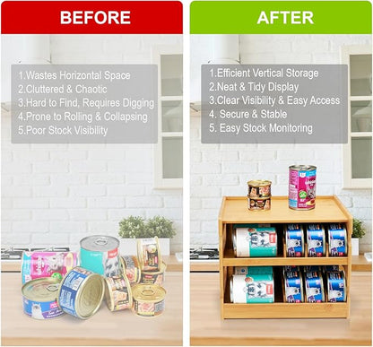 Bamboo Can Organizer for Pantry, 2 Tier Canned Cat Food Organizer for Kitchen Counter, Cat Food Storage Holds Up to 36 Cans, Can Rack Organizer for Human and Pet Food Cans, FlFO Design