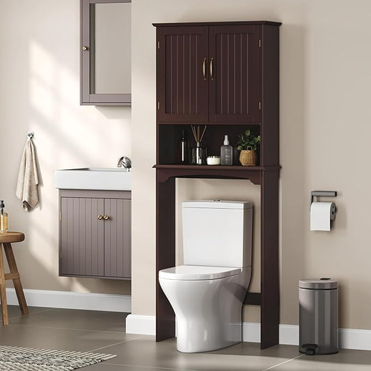 Yaheetech Over The Toilet Storage with 2 Doors & Adjustable Shelf, Free Standing Toilet Rack Wooden Space-saving Collect Cabinet, Bathroom Furniture, 9Dx24.5Wx66H Inches, Espresso