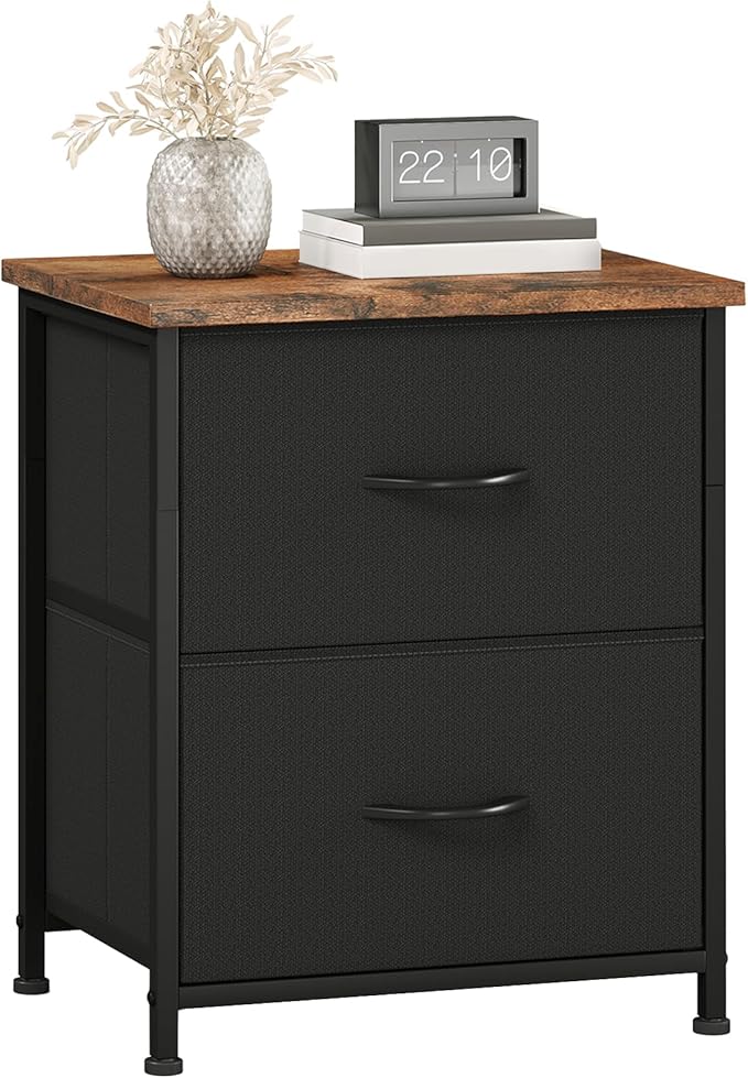 Somdot Nightstand Set of 2 with 2 Storage Drawers, Small Bedside Table End Table, Wooden Top Fabric Cabinet for Bedroom, Kids Closet, College Dorm, Entryway, Black Rustic Brown