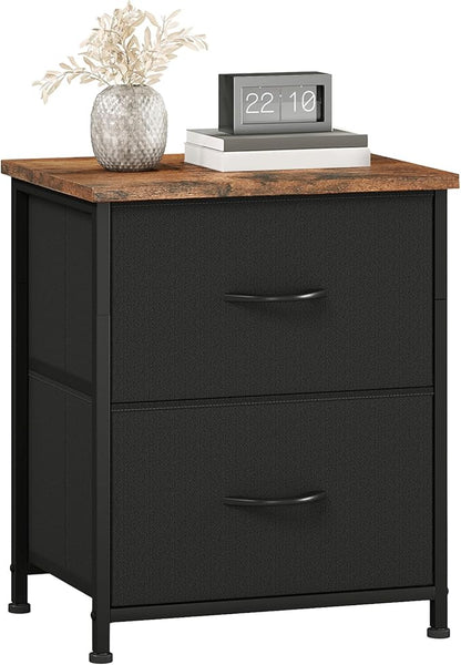 Somdot Nightstand Set of 2 with 2 Storage Drawers, Small Bedside Table End Table, Wooden Top Fabric Cabinet for Bedroom, Kids Closet, College Dorm, Entryway, Black Rustic Brown