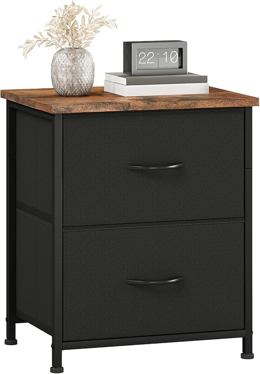 Somdot Nightstand Set of 2 with 2 Storage Drawers, Small Bedside Table End Table, Wooden Top Fabric Cabinet for Bedroom, Kids Closet, College Dorm, Entryway, Black Rustic Brown