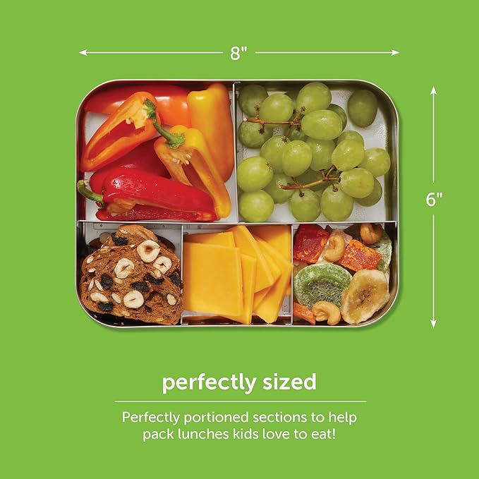 LunchBots Large Cinco Stainless Steel Lunch Container - Five Section Design Holds a Variety of Foods - Metal Bento Box - Dishwasher Safe - Stainless Lid