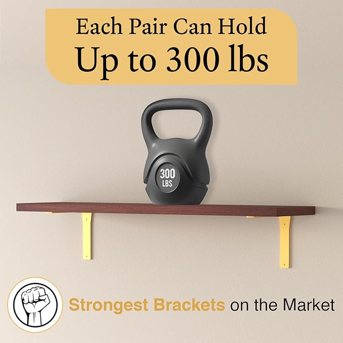4 Pack Heavy Duty Brass Shelf Brackets 12 Inch by Balin Designs – Decorative L Bracket for Shelves, Metal Shelf Support Bracket, Wall Mounted Countertop Iron Corbels, Floating Gold Shelving Brackets
