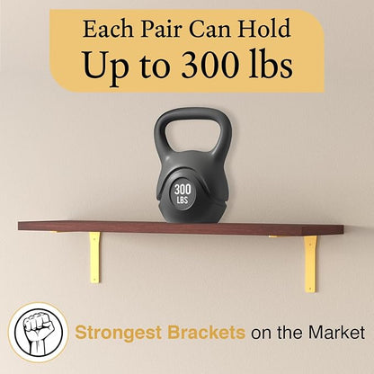 4 Pack Heavy Duty Brass Shelf Brackets 12 Inch by Balin Designs – Decorative L Bracket for Shelves, Metal Shelf Support Bracket, Wall Mounted Countertop Iron Corbels, Floating Gold Shelving Brackets