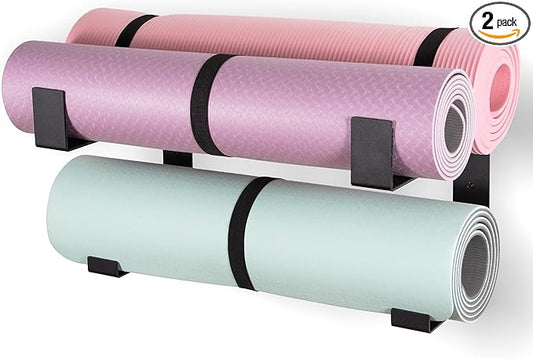 Yoga Mat Holder with Protective Padding Wall Mount Steel Storage Rack, 2 Tier Adjustable Width Hanger for up to 4 Foam Rollers, Easy Installation