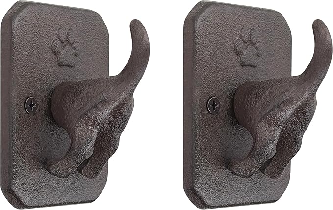 Cast Iron Dog Tail Wall Hooks - Heavy Duty Rustic Dog Leash Holder, Wall Mount Coat Hook for Hanging Key Towel Collar, Decorative Puppy Butt Paw Hanger for Farmhouse Entryway Mudroom, 2 Pack