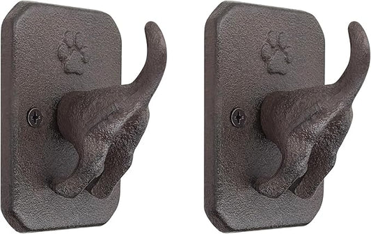 Cast Iron Dog Tail Wall Hooks - Heavy Duty Rustic Dog Leash Holder, Wall Mount Coat Hook for Hanging Key Towel Collar, Decorative Puppy Butt Paw Hanger for Farmhouse Entryway Mudroom, 2 Pack