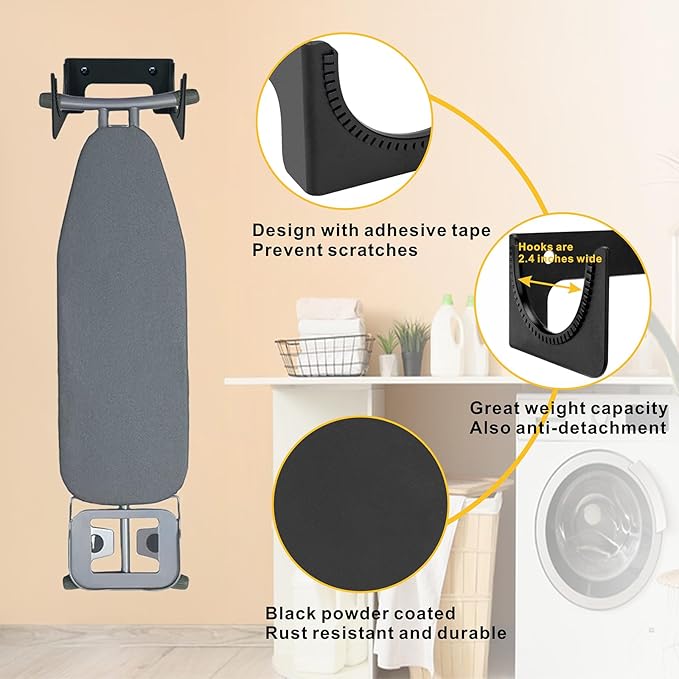 Ironing Board Holder Ironing Board Hanger Wall Mount for T or Y Leg, Iron Board Hook Concealed,Board Storage Organizer for Laundry Room, Space Saving