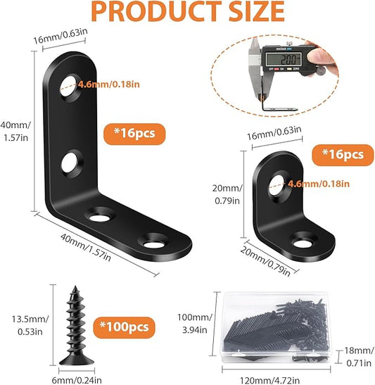 32PCS L Corner Brackets, MAPVOLUT Black Heavy Duty L Brackets for Shelves with 100PCS Screws, Metal Right Angle Shelf Bracket, Metal Corner Brace for Wood Furniture (1.57x1.57in/0.79x0.79in)