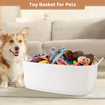 Large Empty Gift Baskets for Baby Shower, 18.9" L x 13.8" W x 7.8" H Cute Woven Storage Basket with Gift Bags and Ribbons, Small Rope Toy Basket with Handles, Cat Dog Pet Toy Organizer - White