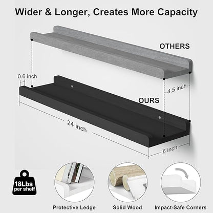 Love-KANKEI Floating Shelves Wall Mounted Set of 2, 24 Inch Wood Storage Wall Shelves for Bedroom Living Room Bathroom Kitchen Office and More Black