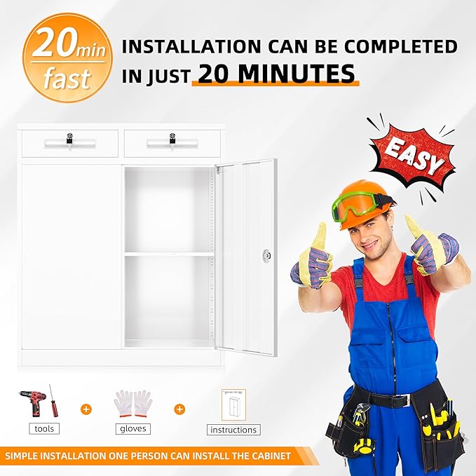 INTERGREAT Metal Cabinet with Drawers, Lockable Storage Cabinet with Doors and Shelves for Garage, White 42" 36" 18"