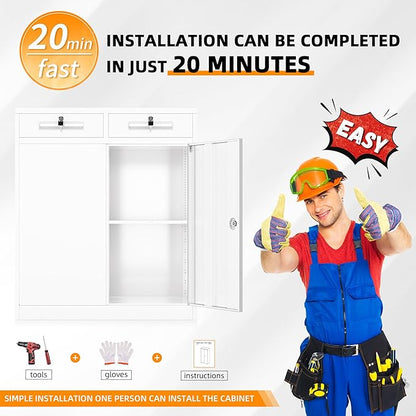 INTERGREAT Metal Cabinet with Drawers, Lockable Metal Storage Cabinets with Doors and Shelves for Garage, White Locking Garage Storage Cabinets 36"×32"×16"