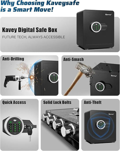 kavey 1.7 Cub Safe Box, Home Safe with Digital Keypad and Dual Alarm System, Money Safes box With Mute Function and LED Light, Safes with Removable Shelf, Safes for Money Valuables