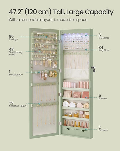 SONGMICS 6 LEDs Mirror Jewelry Cabinet, 47.2-Inch Tall Lockable Wall or Door Mounted Jewelry Armoire Organizer with Mirror, 2 Drawers, 3.9 x 14.6 x 47.2 Inches, Laurel Green UJJC093C01