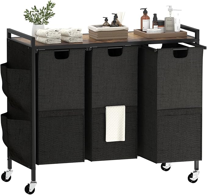 Laundry Hamper, Laundry Basket, Laundry Sorter with Top Shelf & 3 Removable Washable Bags & Side Pockets for Laundry Room organization, Bathroom and Dorm, Rustic Brown and Black